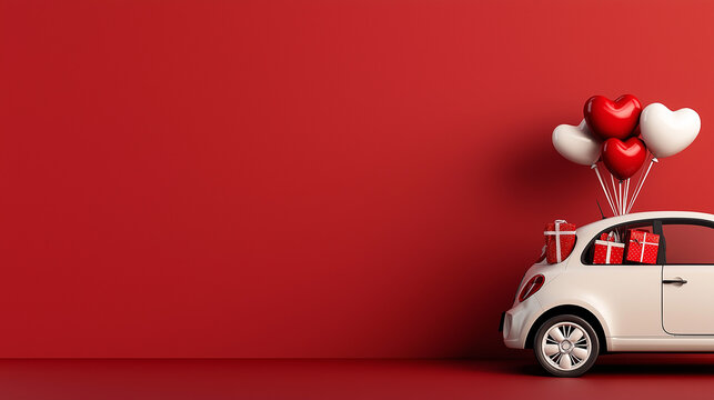 White car with heart-shaped balloons and gifts on a red background. Banner with copy space