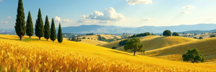 Rolling hills with cypress trees and golden wheat fields, green, countryside
