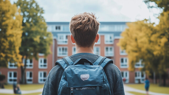 Rearview photography of a young teenage boy wearing a backpack, looking at the school building. male student first day at new high school or university, rucksack september, educational institution.