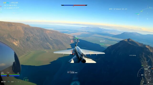 A fighter jet flying over breathtaking mountainous terrain in dynamic gameplay