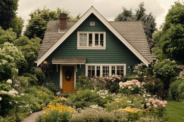 Naklejka premium A delightful green cottage nestled amidst vibrant, blooming flowers in a lush, enchanting garden, all under a beautifully cloudy sky