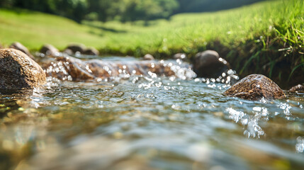 Crystal clear stream flowing through a lush green landscape with smooth rocks and sparkling sunlight, for tranquil nature backgrounds