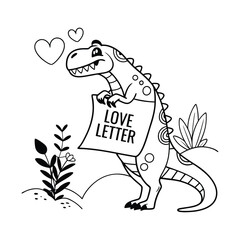 Cute Cartoon T-Rex Holding a Love Note, Ready for Coloring