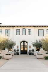 Naklejka premium Modern architecture of a bright, minimalist house with olive trees and landscaped garden in a serene setting during daylight hours