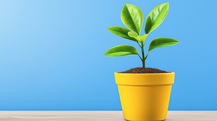 Fototapeta premium A vibrant green plant grows in a yellow pot against a bright blue background, symbolizing growth and vitality.