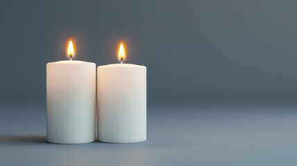 Two white candles with flickering flames, positioned close together, set against a simple gray background, creating a serene and calming ambiance.