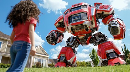 Naklejka premium A young girl stands in awe as she gazes up at a large, red robot in a sunny neighborhood setting.