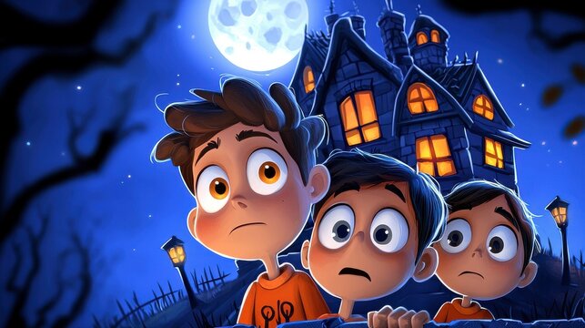 Three cartoon boys look curiously at a spooky house under a full moon, surrounded by dark trees and glowing windows, evoking a playful Halloween atmosphere.