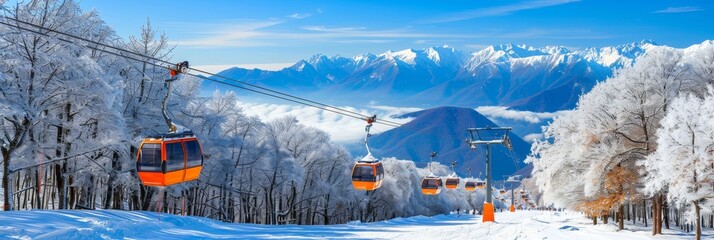 Scenic Ski Lift Journey Over a Snow-Covered Forest with Majestic Mountains in the Background