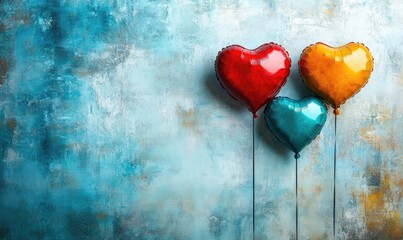 Colorful heart balloons on textured blue wall, love and celebration concept.