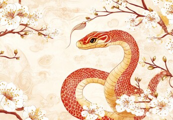 Obraz premium Serene Red Snake Amidst Blossoming Plum Branches: A Delicate Asian Art Print