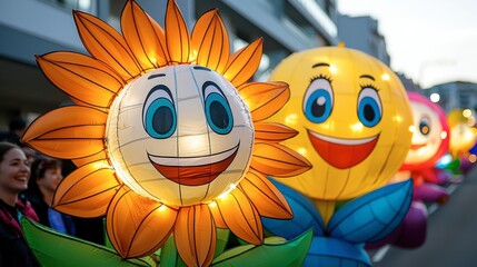 Fototapeta premium Colorful lanterns featuring cheerful flower and sun characters light up a festive parade, creating a joyful atmosphere.