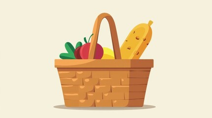 Picnic Basket Icon with Fruits and Bread