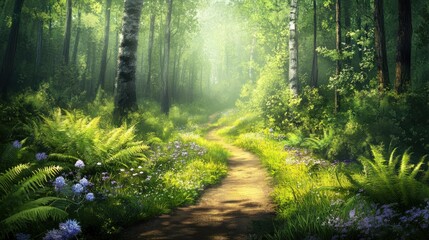 Obraz premium Sunlit path winding through a lush green forest with wildflowers and ferns.