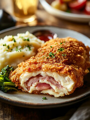 Crispy chicken roll filled with ham and cheese with mashed potatoes
