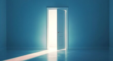 A white door with light shining through, the door open in the middle of an empty room with blue walls