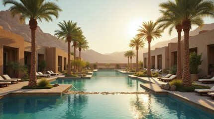 Fototapeta premium Serene Desert Oasis with Palm Trees and Pool