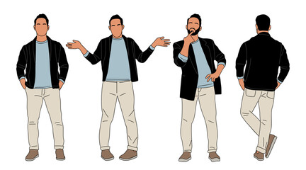 Obraz premium Set of casual Businessman character in different poses. Handsome man standing front, side, rear view. Vector outline colored illustration isolated on transparent background.