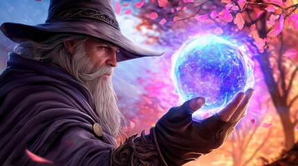 Obraz premium A mystical wizard holds a glowing orb amidst a vibrant landscape filled with colorful foliage.