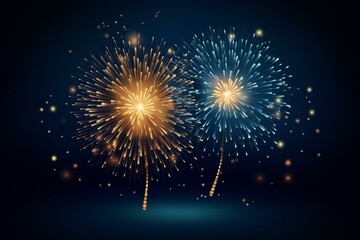 Fototapeta premium Golden and blue fireworks exploding against a dark blue night sky, creating a festive and celebratory atmosphere