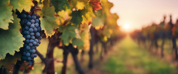 Naklejka premium Vineyard In Fall Harvest With Ripe Grapes At Sunset