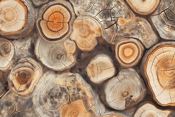 Close-up of weathered tree trunk cross-sections with visible growth rings and cracks, symbolizing natural textures, aging, sustainability, forestry, and the intricate beauty of organic materials