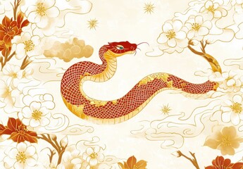 Serpentine Elegance: A Red Dragon Amidst Golden Blossom and Clouds