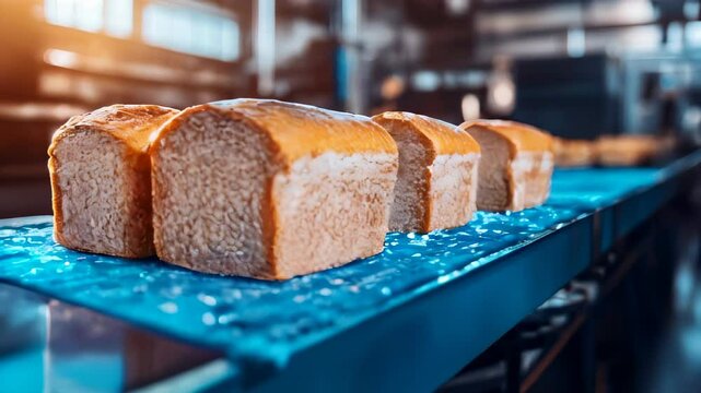 Freshly baked bread loaves cooling on a conveyer belt in a commercial bakery during morning hours