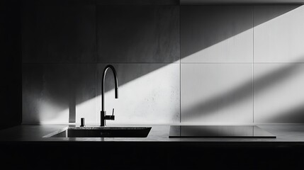 Minimalist kitchen with monochrome tones and clean lines 