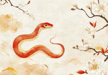 Obraz premium Serene Red Snake Amidst Elegant Blossom Branches: A Watercolor Painting