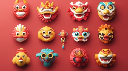 Cheerful Chinese New Year Character Masks And Lantern