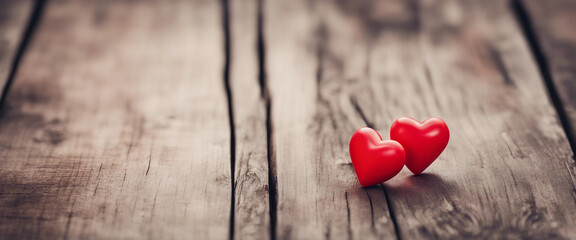 Valentines Day Background Two Red Hearts On Vintage Wooden Table