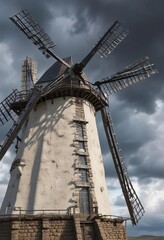 Close-up of windmill structure with storm clouds in background, landmark, engineering