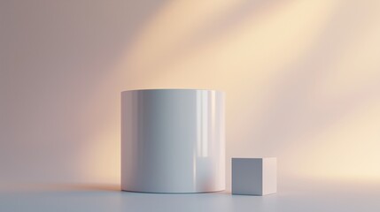 A minimalist, modern product showcase with a white cylinder and a small cube pedestal, positioned on a clean, reflective surface. 