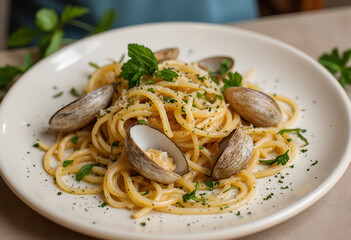 A plate of linguine  with fresh clams and parsley.