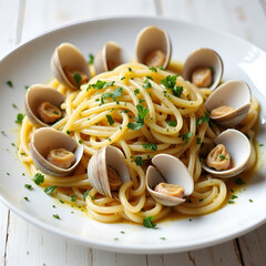 A plate of linguine  with fresh clams and parsley.