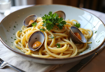 A plate of linguine  with fresh clams and parsley.