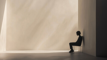 Minimalist room with person sitting on chair in soft light and deep shadows