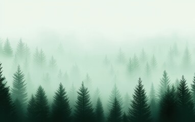 Fototapeta premium A serene forest landscape enveloped in mist, creating a tranquil and mysterious atmosphere with dark green trees fading into the fog.