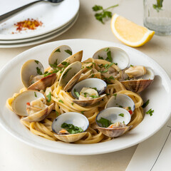 A plate of linguine  with fresh clams and parsley.