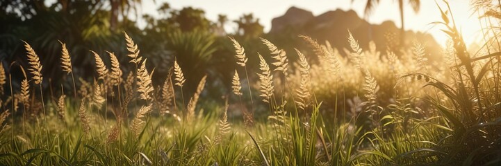 Fototapeta premium Delicate tropical grasses swaying in the golden sunlight, warm, sunlight, glow, soft, peaceful