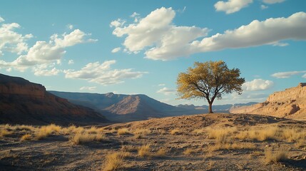 Desert scene with a solitary tree standing alone in the middle