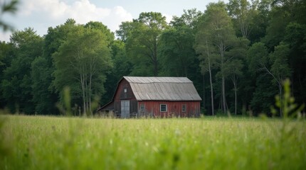 Rustic Wooden Barn in Green Meadow with Tall Trees