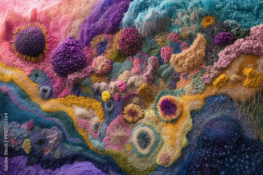Poster vibrant abstract representation of bacteria with diverse colors and textures in a sprawling landscap