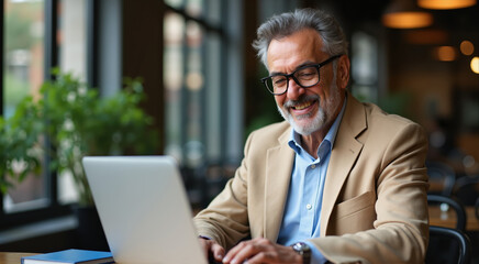 Senior businessman working on laptop in cafe.  He is smiling while typing and looking at the screen.