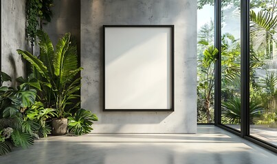 An empty poster frame in an eco-friendly office with concrete walls and large windows