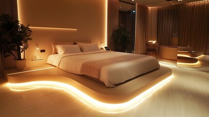 Modern bedroom with a frameless bed and integrated tech features 