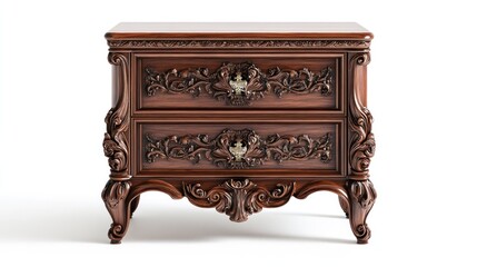 Ornate carved wooden two-drawer nightstand isolated on white.