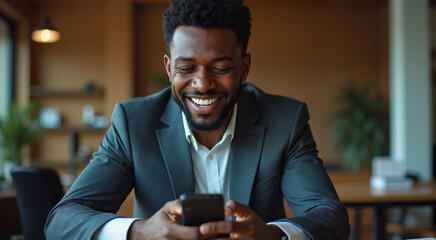 Happy businessman using smartphone in modern office. He is smiling while looking at his phone.