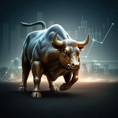 Bull statue, Wall Street, glowing eyes, golden sculpture, stock market charts, cityscape, night scene, dramatic lighting, financial district, skyscrapers, digital overlay, candlestick graphs, bullish 